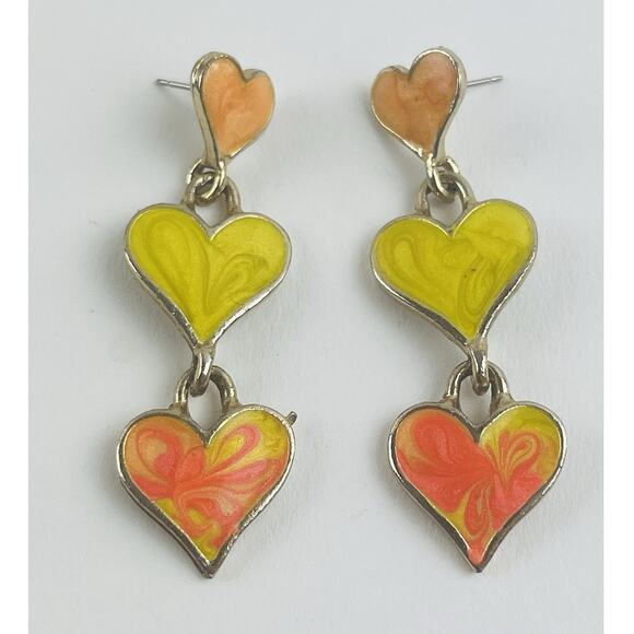 Unbranded Jewelry - Vintage Pearlized Enamel Hearts Swirl Dangle Earrings Made USA 90s 00s Orange Ye